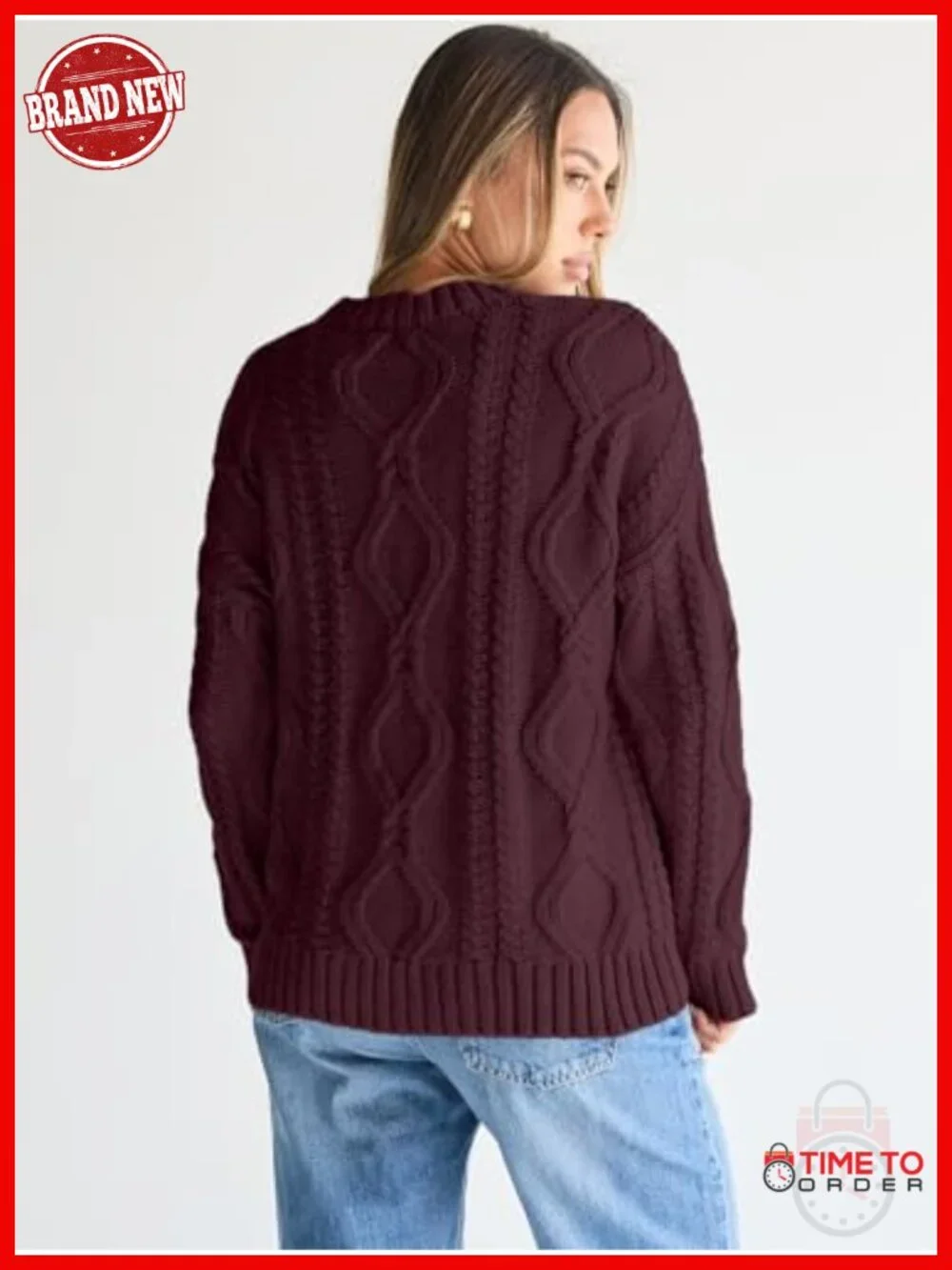 Oversized Cable Knit Crewneck Sweater - Cotton Blend